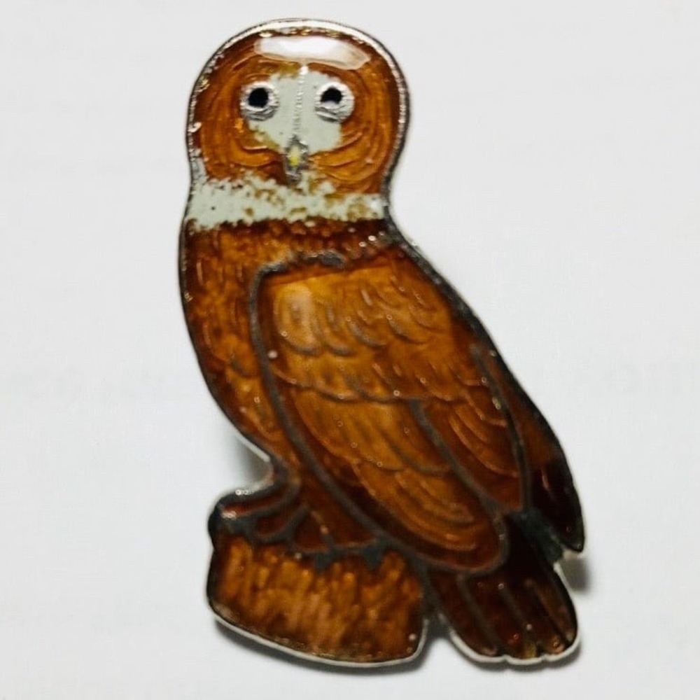 Brown Enamel Owl Lapel Pin Tie Tack Bird Wildlife Silver Tone 1.5"